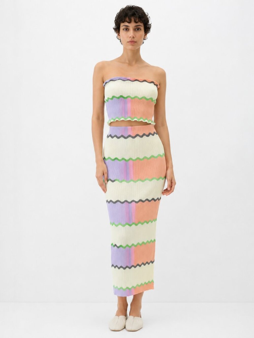 Julia Heuer Milla Kristall Pleated Pencil Midi Skirt Pastel Wave Print OS